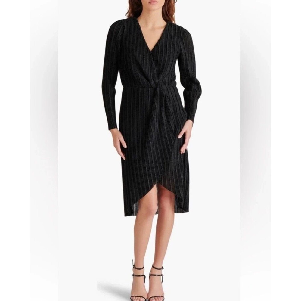Steve Madden Crinkle Dress Large Black Metallic Knot Front Long Sleeve V‑Neck